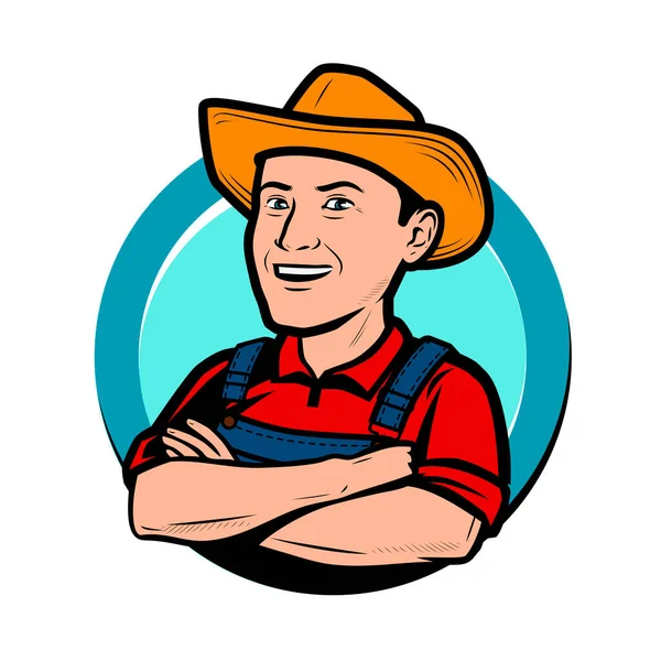 Feliz Granjero Sombrero Dibujos Animados Agricultura Vector Logotipo Granja — Archivo Imágenes Vectoriales