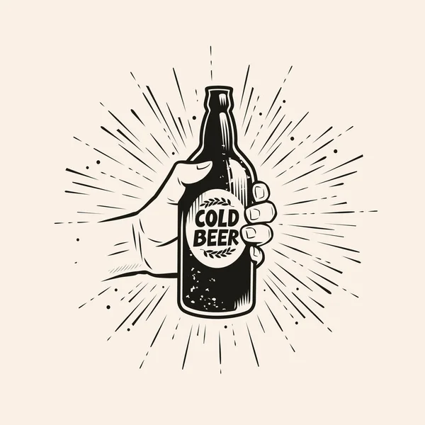 Mano Con Botella Cerveza Pub Cervecería Vintage Vector — Vector de stock