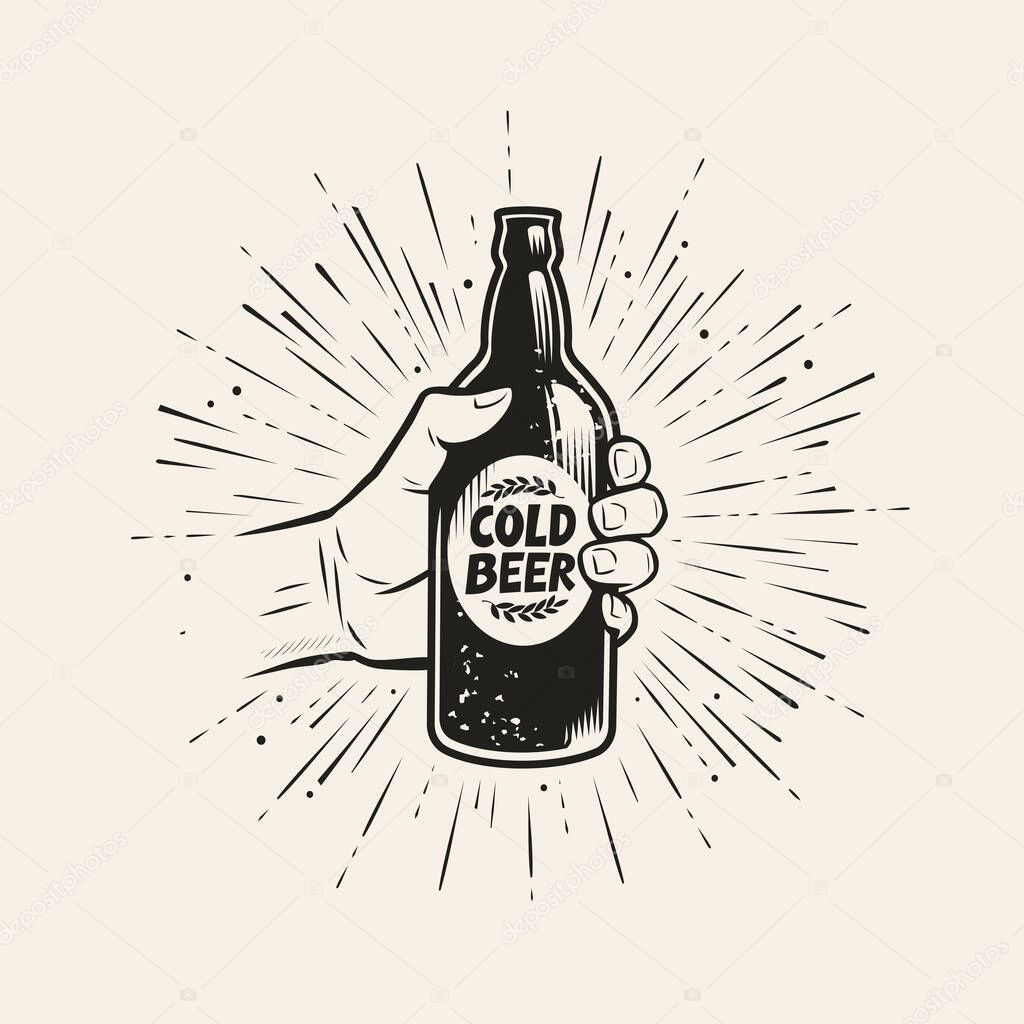 Hand with beer bottle. Pub, brewery vintage vector
