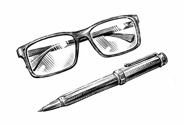 Hand Drawn Sketch Glasses Pen Business Education Retro Vintage — Stock Photo, Image