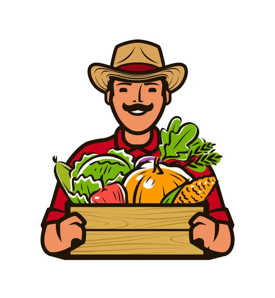 Landwirt Mit Einer Schachtel Mit Frischem Gemüse Landwirtschaft Landwirtschaftsvektor — Stockvektor