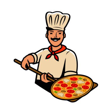 Pizzalı şef. Pizzacı, yemek vektörü çizimi