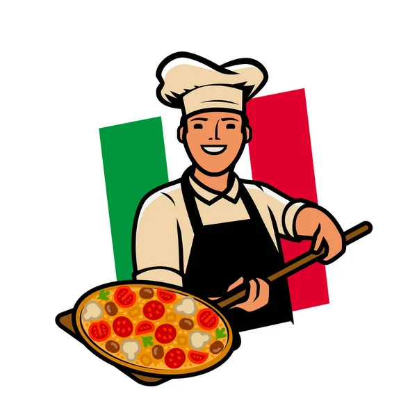 Ιταλικό Λογότυπο Πίτσας Ευτυχής Εικόνα Φορέα Μάγειρας — Διανυσματικό Αρχείο