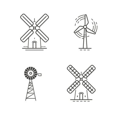 Simgeleri ayarlayın. Yenilenebilir enerji, yel değirmeni endüstrisi konsepti