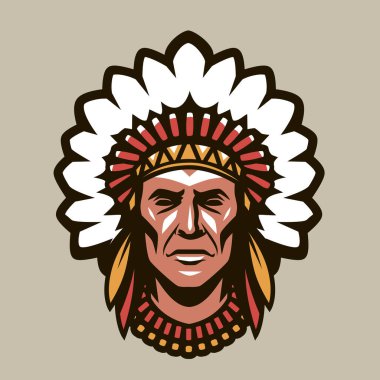 Indian chief in headdress of feathers. Warrior symbol clipart