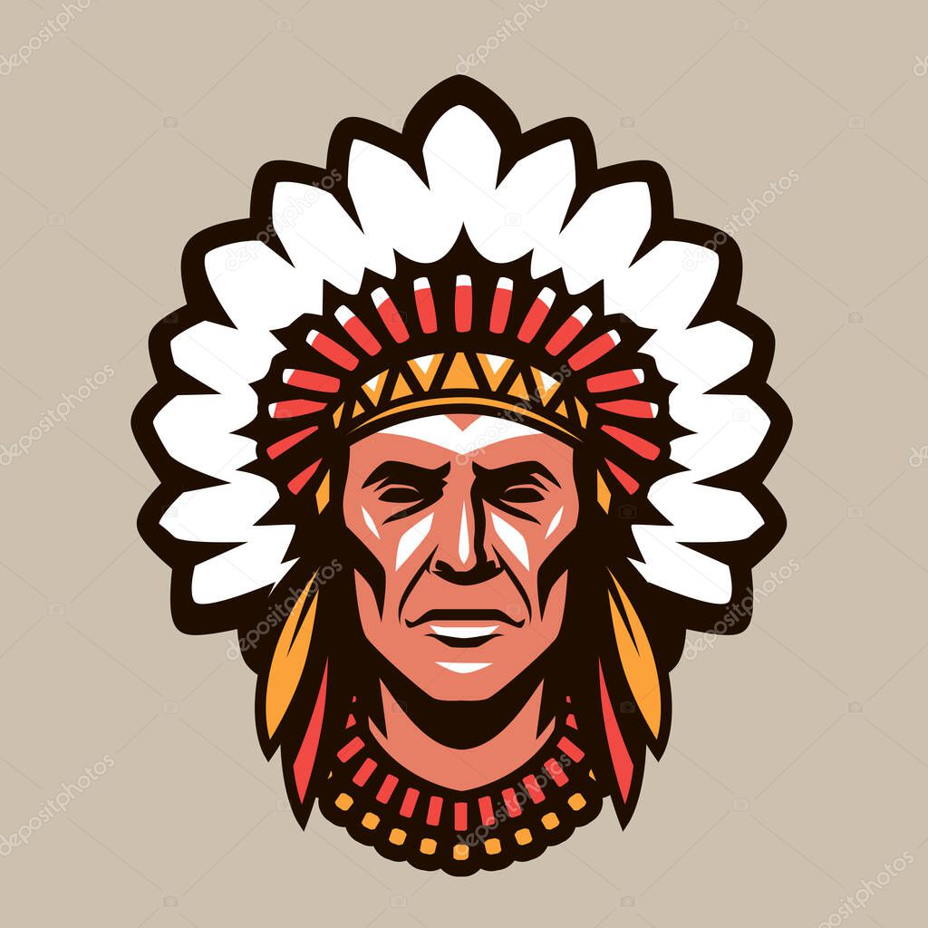 Indian chief in headdress of feathers. Warrior symbol