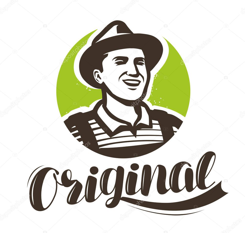 Happy farmer with hat logo. Agriculture symbol