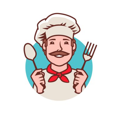 Mutlu şef logosu. Yemek pişirme, restoran yemeği sembolü.