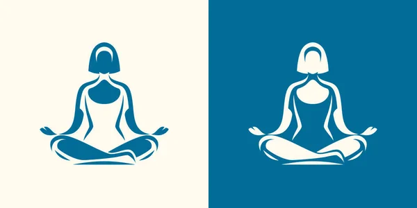 Yoga Logo Girl Sitting Lotus Position Symbol — Stock Vector