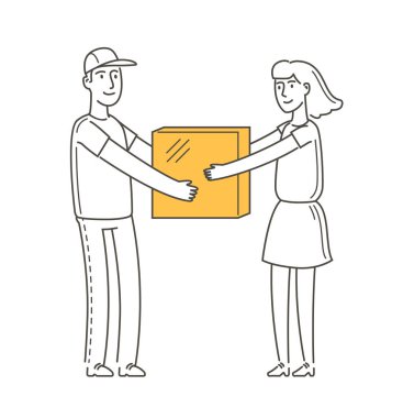 Teslimatçı paketi müşteriye teslim ediyor. Vektör illüstrasyonu