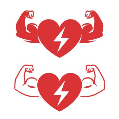 Kalp ve kol ve pazı sembolü. İlaç, sağlık logosu vektörü