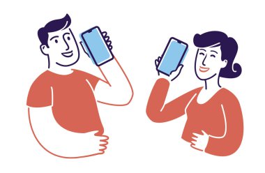 İnsanlar akıllı telefon sembolüyle konuşuyor. İletişim konsepti vektörü