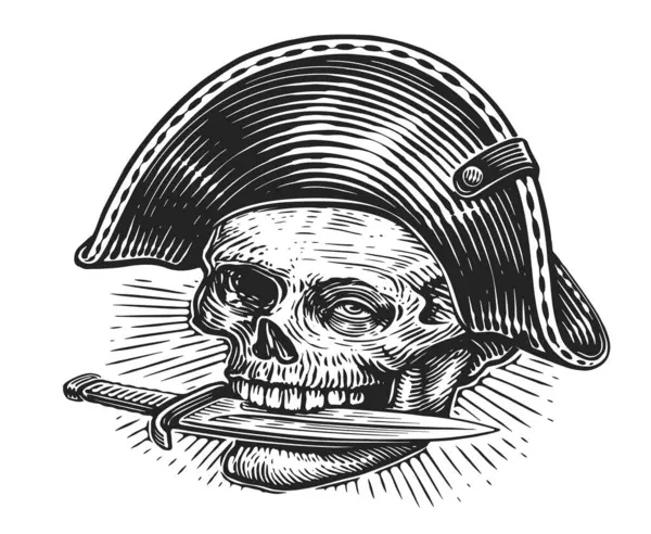 Crâne Pirate Dessiné Main Skeleton Tête Croquis Vintage Illustration — Photo