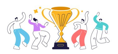 Takım çalışması, yarıştaki zaferi kutlamak. Ödül kazanan mutlu insanlar. Yarışmayı kazanan kutlama partisi