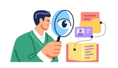 File search, inspection of archives. Businessman holding magnifying glass to find files, looking and analyzes documents