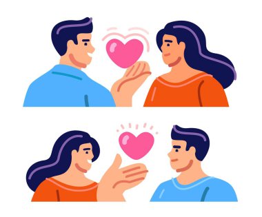 Sevgi dolu bir çift. Aşk kalp hediye romantik çift ilişkisi, Sevgililer Günü. Vektör illüstrasyon çizgi filmi