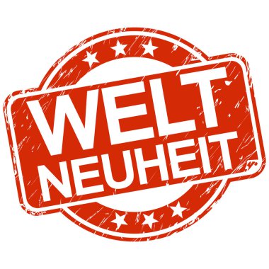 çizikler ve metin dünya yenilik (Almanca ile kırmızı yuvarlak damga)