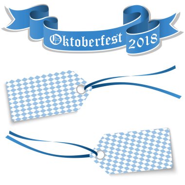 Mavi Beyaz Kareli desen ve afiş metin Oktoberfest 2018 (Almanca ile hangtags)
