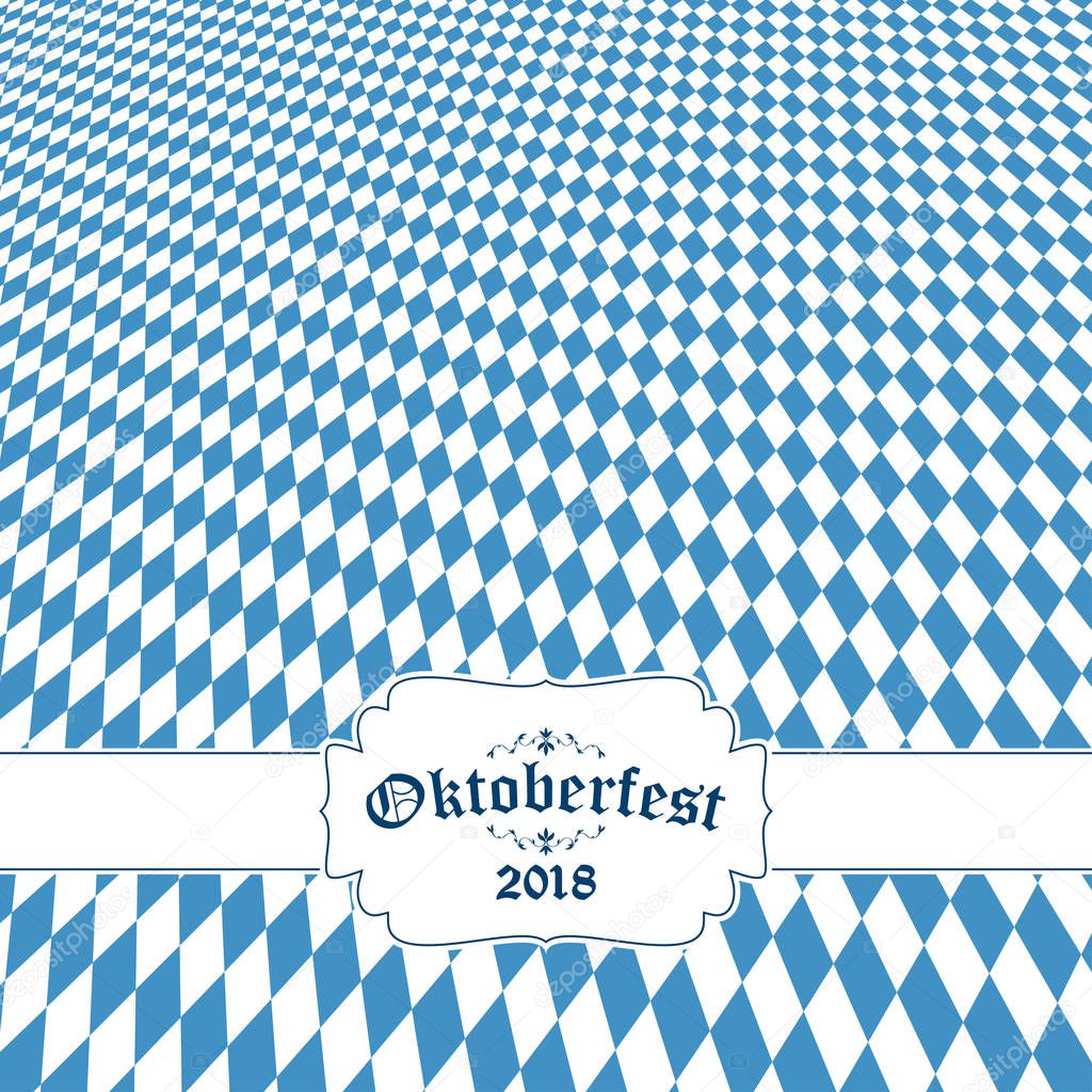 Oktoberfest background with blue-white checkered pattern, banner and text Oktoberfest 2018 (in german)