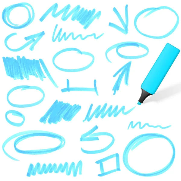 Blue Colored Highlighter Different Hand Drawn Markings — Stock Vector