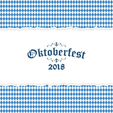 Yırtık kağıtlarla Ekim Festivali arka planı mavi-beyaz kareli desen ve metin oktoberfest 2018