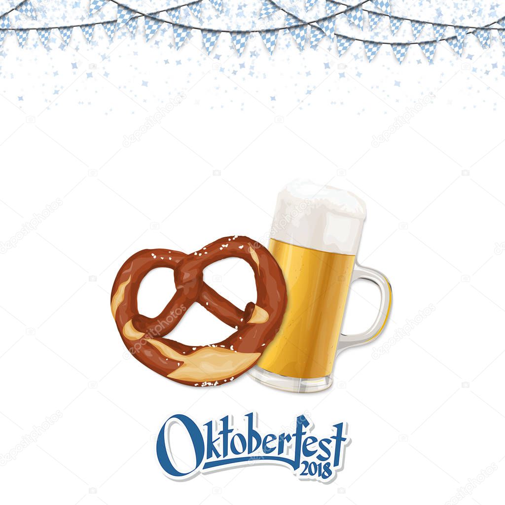Oktoberfest 2018 background with a pretzel and a glass of beer