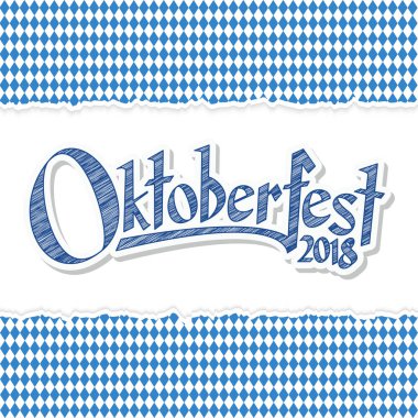 Yırtık kağıtlarla Ekim Festivali arka planı mavi-beyaz kareli desen ve metin oktoberfest 2018