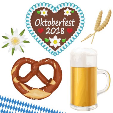 Tipik resimli Oktoberfest nesneleri koleksiyonu, bira, bretzel, zencefilli kek kalbi, buğday ve Edelweiss çiçeği