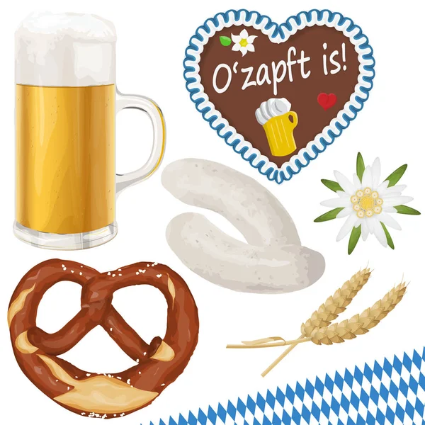 Colección Objetos Típicos Ilustrados Oktoberfest Cerveza Bretzel Corazón Jengibre Trigo — Archivo Imágenes Vectoriales