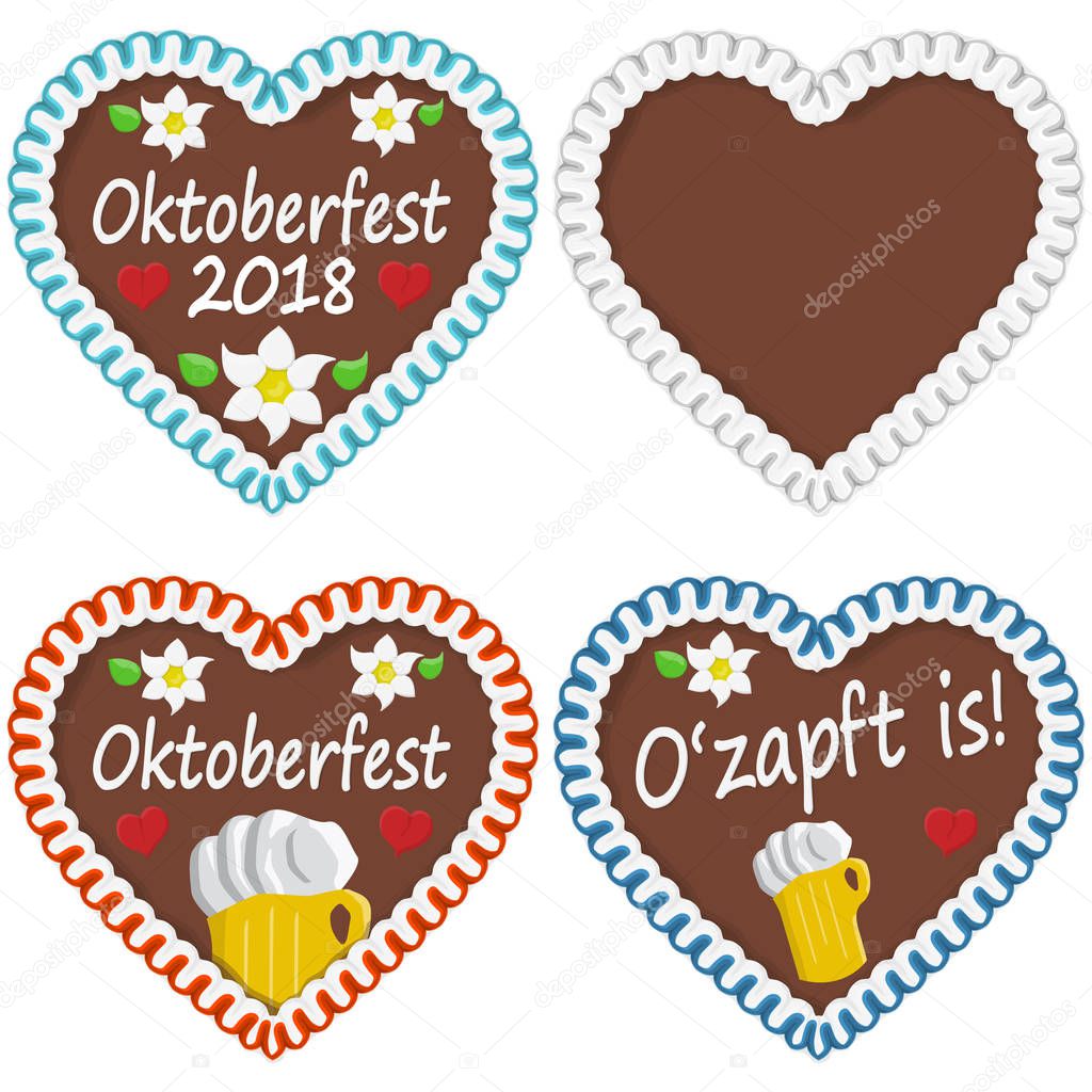 illustrated gingerbread hearts with text in german for Oktoberfest 2018 time