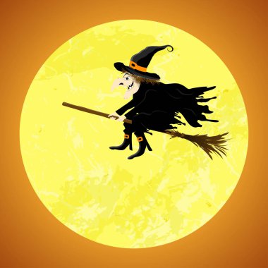 Cadılar Bayramı arka plan planları için korkunç resimli unsurlarla dolunay önünde cadı.