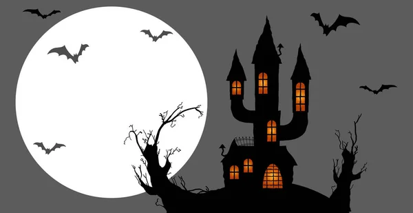 Dark Castle Front Full Moon Scary Illustrated Elements Halloween Background — Stock Vector