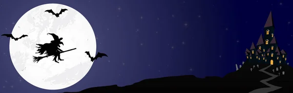 魔女とハロウィン背景レイアウトの怖いイラスト要素を持つ満月の前に暗い城バナー — ストックベクタ