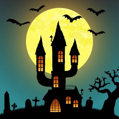 Dolunayın önündeki karanlık şatoda Cadılar Bayramı arka plan planları için çizilmiş korkunç elementler var