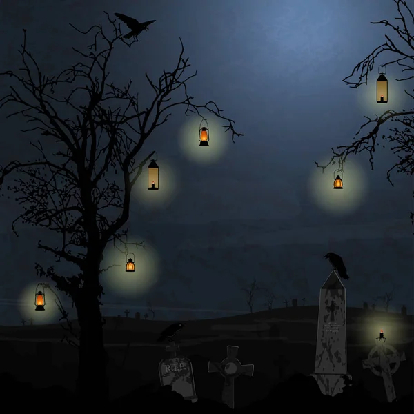 ハロウィン墓地背景に木 暗い夜の前の吊り下げ照明 — ストックベクタ