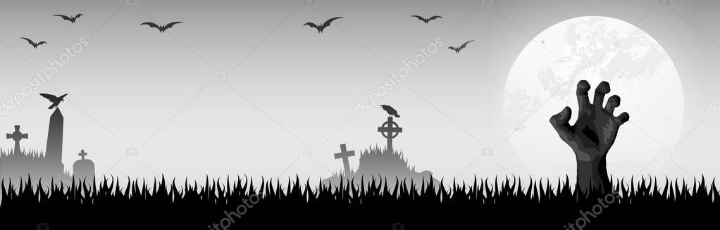 zombie hand in front of full moon with scary illustrated elements for Halloween background layouts