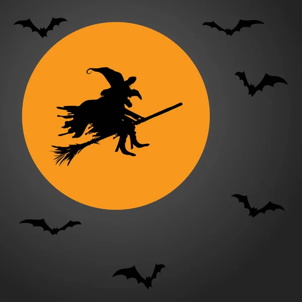 Hexe Vor Vollmond Mit Beängstigend Illustrierten Fledermäusen Für Halloween Hintergrundbilder — Stockvektor