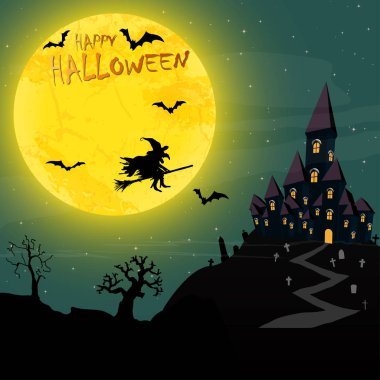 mezar taşları ve yarasalar ile sarı bir dolunay önünde bir cadı Spooky halloween Kalesi