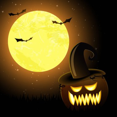 Spooky halloween kabak sarı dolunay karanlık yarasalar ile önünde bir şapka ile