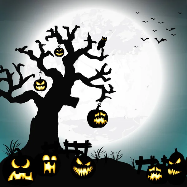 Espeluznante Árbol Muerto Halloween Con Algunas Calabazas Miedo Frente Una — Vector de stock