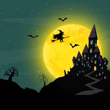 mezar taşları ve yarasalar ile sarı bir dolunay önünde bir cadı Spooky halloween Kalesi