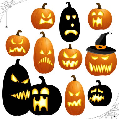 farklı siyah ve turuncu renkli resimli kabaklar Cadılar Bayramı düzenleri için topluluğu