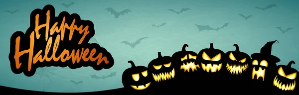 Abóboras Assustadoras Com Rostos Diferentes Com Saudações Feliz Halloween — Vetor de Stock