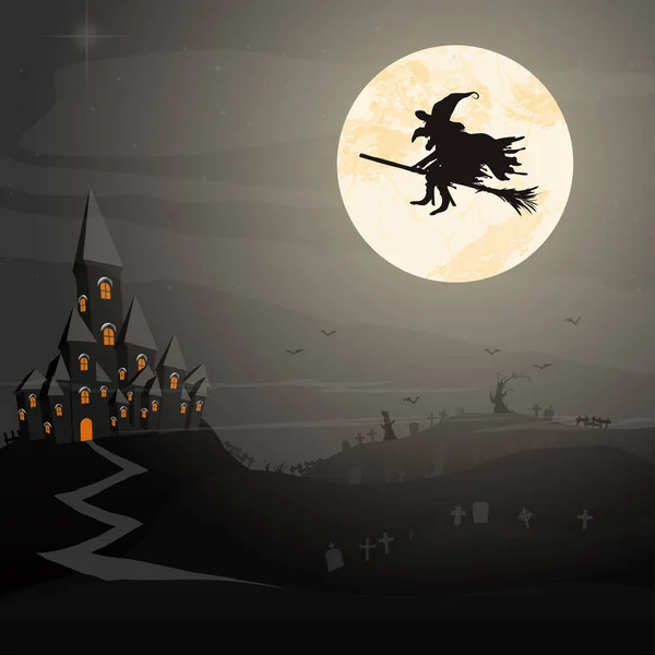 Heks Voor Volle Maan Met Eng Geïllustreerde Elementen Voor Halloween — Stockvector