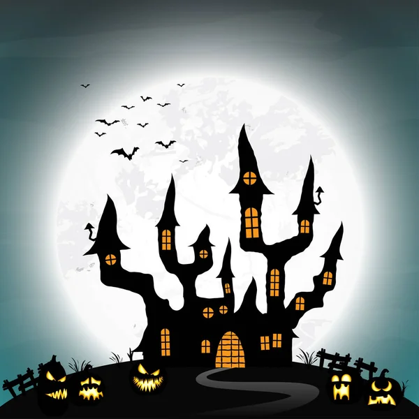 Spooky Halloween Kasteel Met Een Volle Maan Met Vleermuizen Sommige — Stockvector