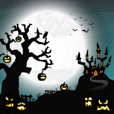 Spooky halloween kale önünde bir dolunay yarasalar ve bazı korkunç kabaklar ile ölü bir ağaç ile