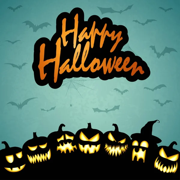 Gruselige Kürbisse Mit Unterschiedlichen Gesichtern Und Fröhlichen Halloween Grüßen — Stockvektor