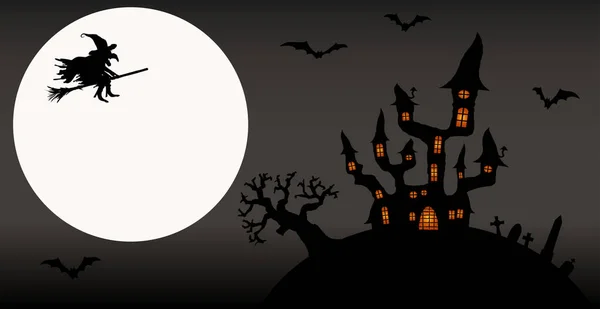 Sötét Kastély Boszorkány Előtt Telihold Ijesztő Illusztrált Elemek Halloween Háttér — Stock Vector