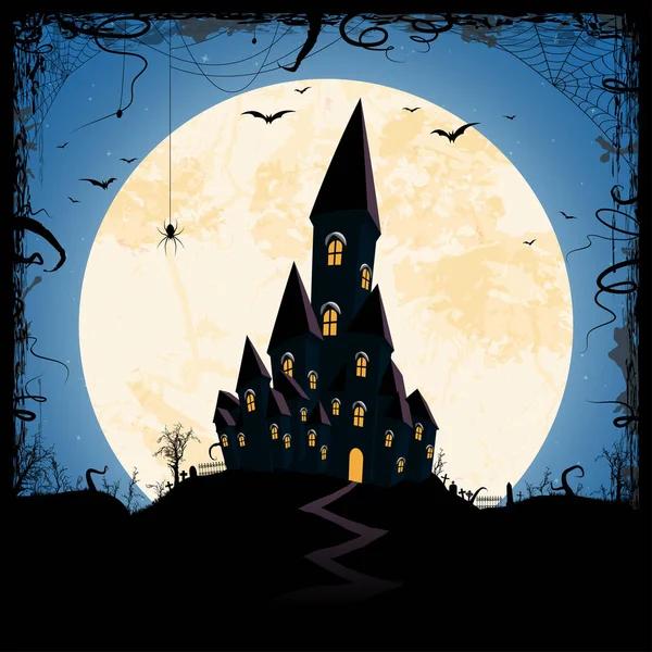 Castelo Escuro Frente Lua Cheia Com Elementos Ilustrados Assustadores Para — Vetor de Stock