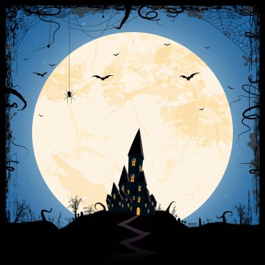 dark castle in front of full moon with scary illustrated elements for Halloween background layouts clipart
